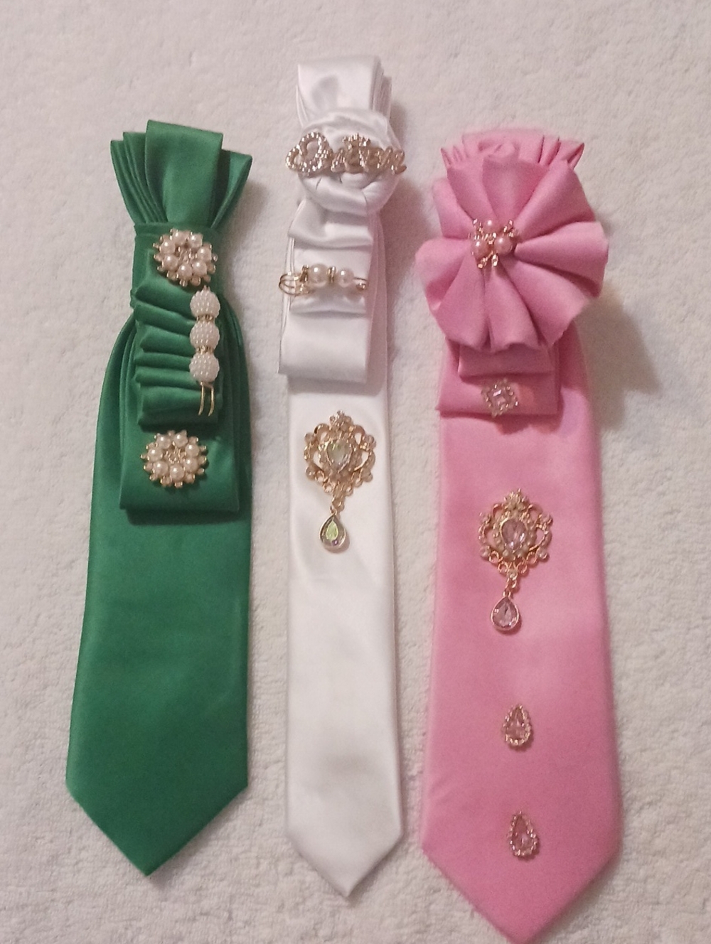 Satin Tie Brooch Trio - Pink, White & Green with Gold Pearl Accents